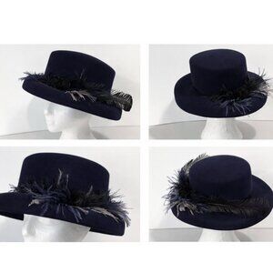 Georgette Wool Navy Feathered Women's Hat Derby 22 inside circumference